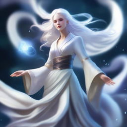 A beautiful air genasi female with white hair billowing around her