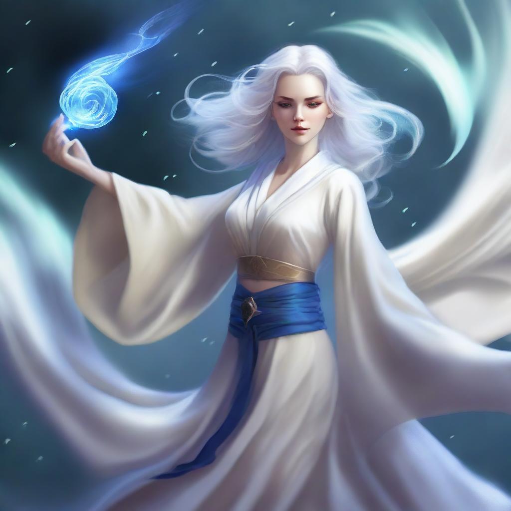 A beautiful air genasi female with white hair billowing around her