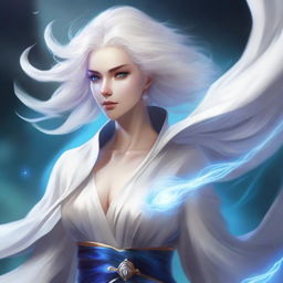 A beautiful air genasi female with white hair billowing around her