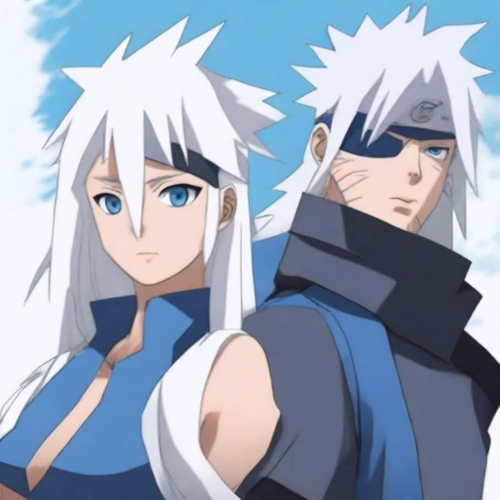 A detailed illustration of Kakashi Hatake from Naruto standing next to a girl with long white hair and striking blue ice eyes