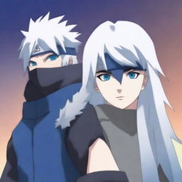 A detailed illustration of Kakashi Hatake from Naruto standing next to a girl with long white hair and striking blue ice eyes