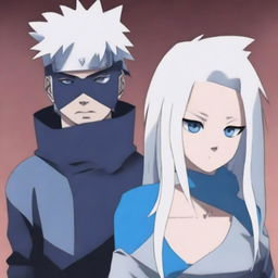 A detailed illustration of Kakashi Hatake from Naruto standing next to a girl with long white hair and striking blue ice eyes