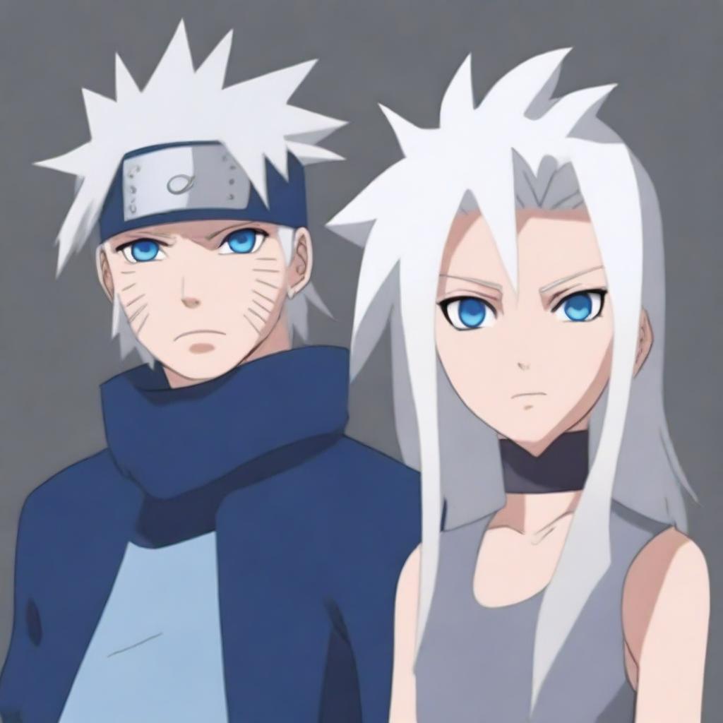 A detailed illustration of Kakashi Hatake from Naruto standing next to a girl with long white hair and striking blue ice eyes