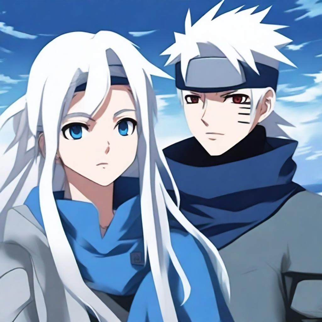 Create an anime-style image featuring Kakashi Hatake alongside a girl with long white hair and blue ice eyes