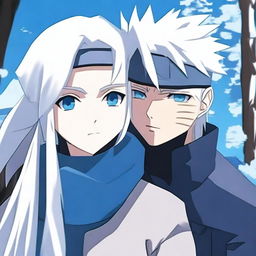 Create an anime-style image featuring Kakashi Hatake alongside a girl with long white hair and blue ice eyes