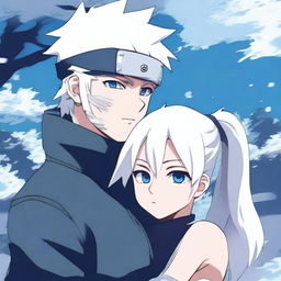 Create an anime-style image featuring Kakashi Hatake alongside a girl with long white hair and blue ice eyes