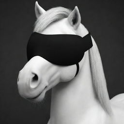 Modification of the previous image: the white pony's black blindfold is now straight and tight, looking like a narrow strip, in a realistic cartoon style.