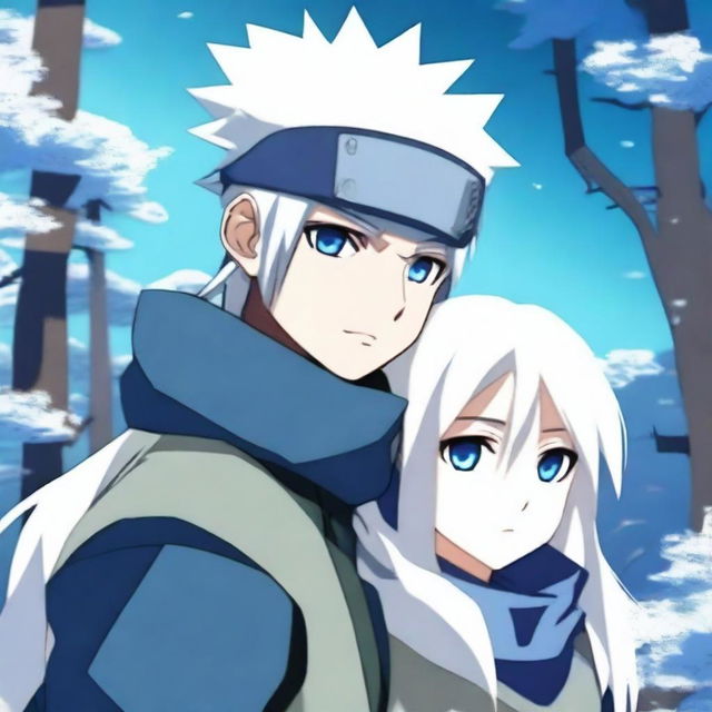 Create an anime-style image featuring Kakashi Hatake alongside a girl with long white hair and blue ice eyes