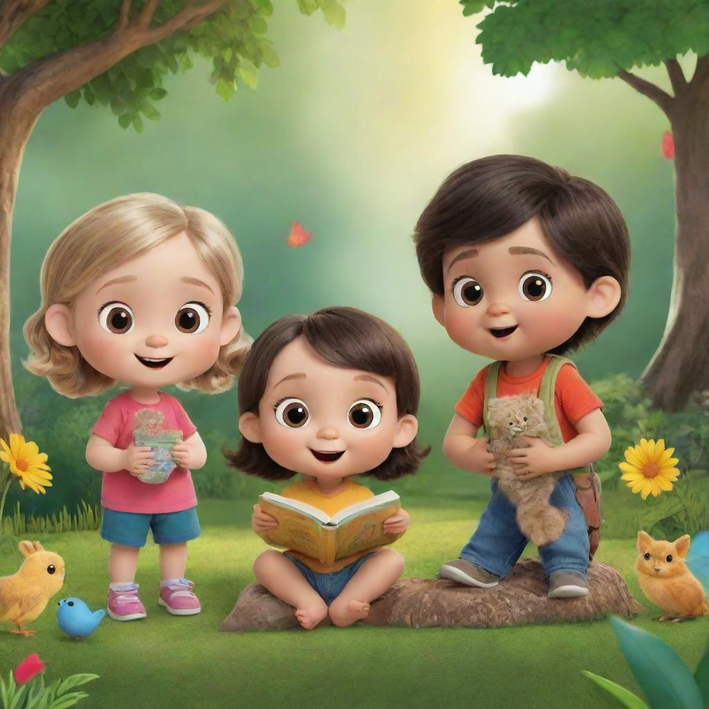 Create a YouTube banner for 'BrightBabyTales' featuring four animated kids engrossed in imaginative stories amid a lush natural setting. Incorporate elements like open storybooks and vibrant wildlife to capture the essence of the channel.