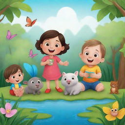 Create a YouTube banner for 'BrightBabyTales' featuring four animated kids engrossed in imaginative stories amid a lush natural setting. Incorporate elements like open storybooks and vibrant wildlife to capture the essence of the channel.