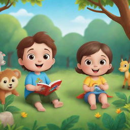 Create a YouTube banner for 'BrightBabyTales' featuring four animated kids engrossed in imaginative stories amid a lush natural setting. Incorporate elements like open storybooks and vibrant wildlife to capture the essence of the channel.