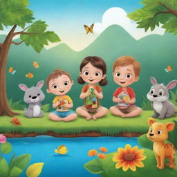 Create a YouTube banner for 'BrightBabyTales' featuring four animated kids engrossed in imaginative stories amid a lush natural setting. Incorporate elements like open storybooks and vibrant wildlife to capture the essence of the channel.