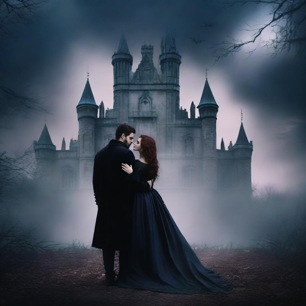 Create a dark romance book cover featuring a mysterious couple in a gothic setting