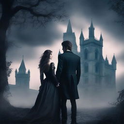 Create a dark romance book cover featuring a mysterious couple in a gothic setting