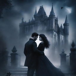 Create a dark romance book cover featuring a mysterious couple in a gothic setting