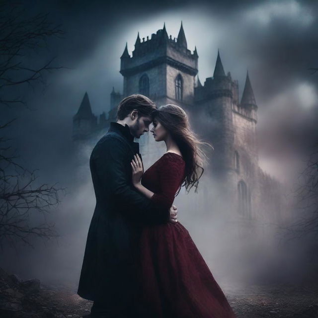 Create a dark romance book cover featuring a mysterious couple in a gothic setting