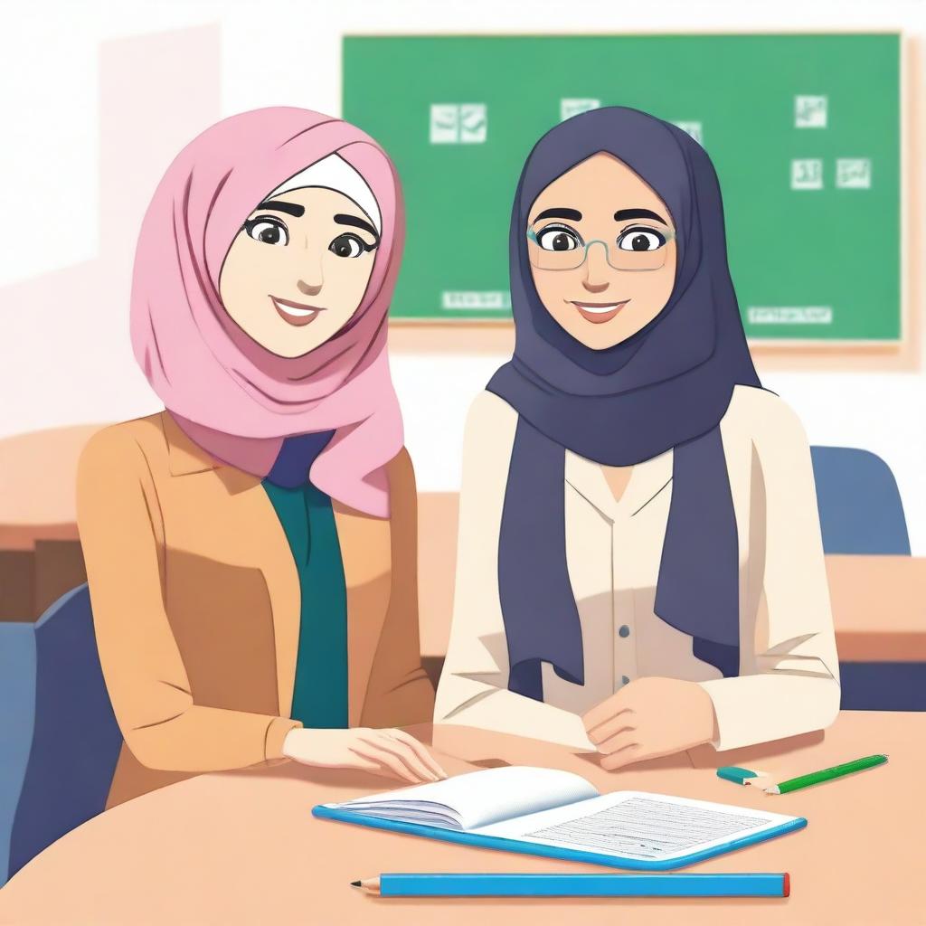 Create an animation-style image featuring a beautiful female teacher wearing a hijab and a handsome student