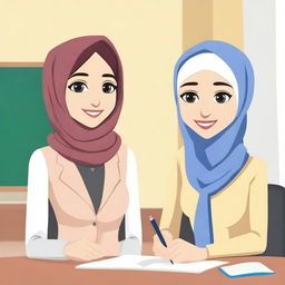 Create an animation-style image featuring a beautiful female teacher wearing a hijab and a handsome student