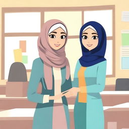 Create an animation-style image featuring a beautiful female teacher wearing a hijab and a handsome student