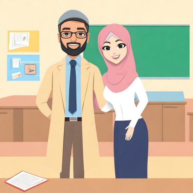 Create an animation-style image featuring a beautiful female teacher wearing a hijab and a handsome student