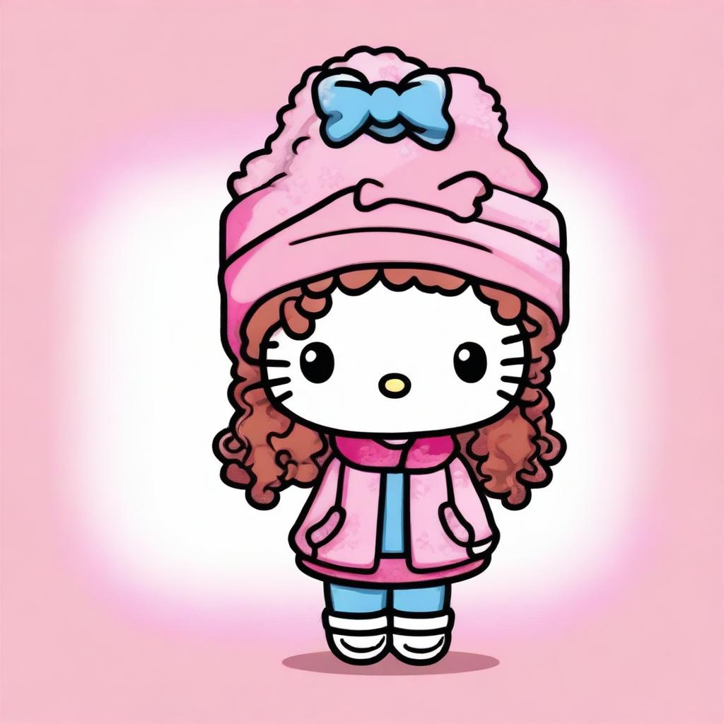 Create a 2D illustration of Hello Kitty with curly hair and wearing a beanie