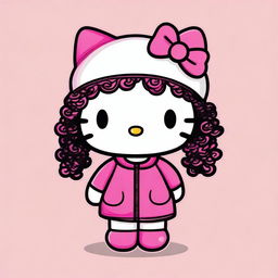 Create a 2D illustration of Hello Kitty with curly hair and wearing a beanie