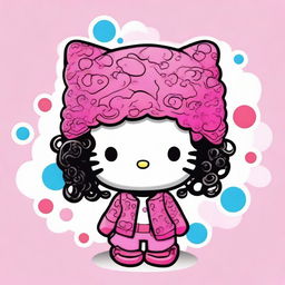 Create a 2D illustration of Hello Kitty with curly hair and wearing a beanie