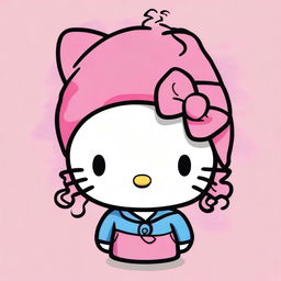 Create a 2D illustration of Hello Kitty with curly hair and wearing a beanie