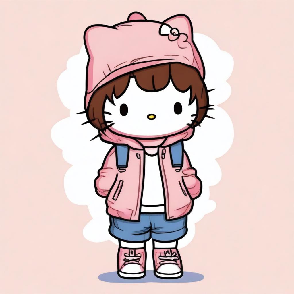 A cute depiction of Hello Kitty with short brown curly hair, wearing baggy clothes and a beanie