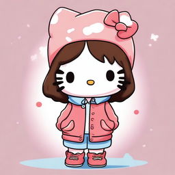 A cute depiction of Hello Kitty with short brown curly hair, wearing baggy clothes and a beanie