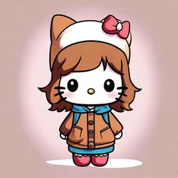 A cute depiction of Hello Kitty with short brown curly hair, wearing baggy clothes and a beanie