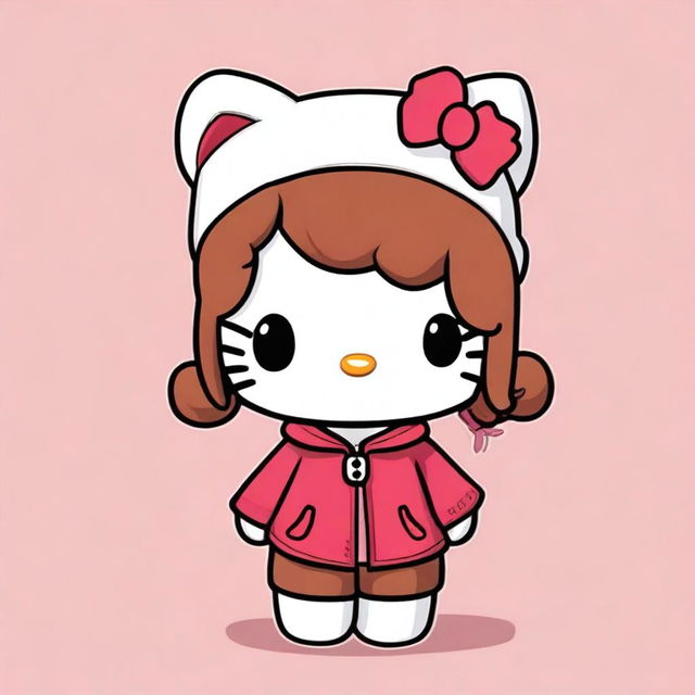 A cute depiction of Hello Kitty with short brown curly hair, wearing baggy clothes and a beanie