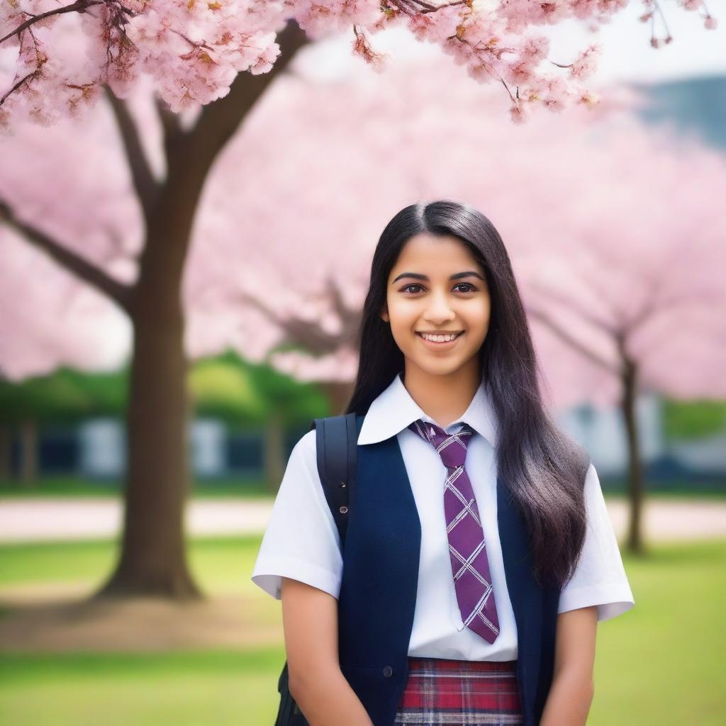 A beautiful South Asian high school girl with long black hair, wearing a school uniform with a plaid skirt, shirt, and tie