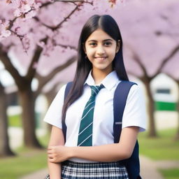 A beautiful South Asian high school girl with long black hair, wearing a school uniform with a plaid skirt, shirt, and tie