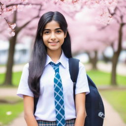 A beautiful South Asian high school girl with long black hair, wearing a school uniform with a plaid skirt, shirt, and tie