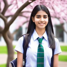 A beautiful South Asian high school girl with long black hair, wearing a school uniform with a plaid skirt, shirt, and tie