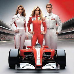 A book cover featuring two women and two men dressed in Formula 1 racing suits