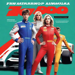 A book cover featuring two women and two men dressed in Formula 1 racing suits