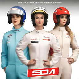 A book cover featuring two women and two men dressed in Formula 1 racing suits and helmets