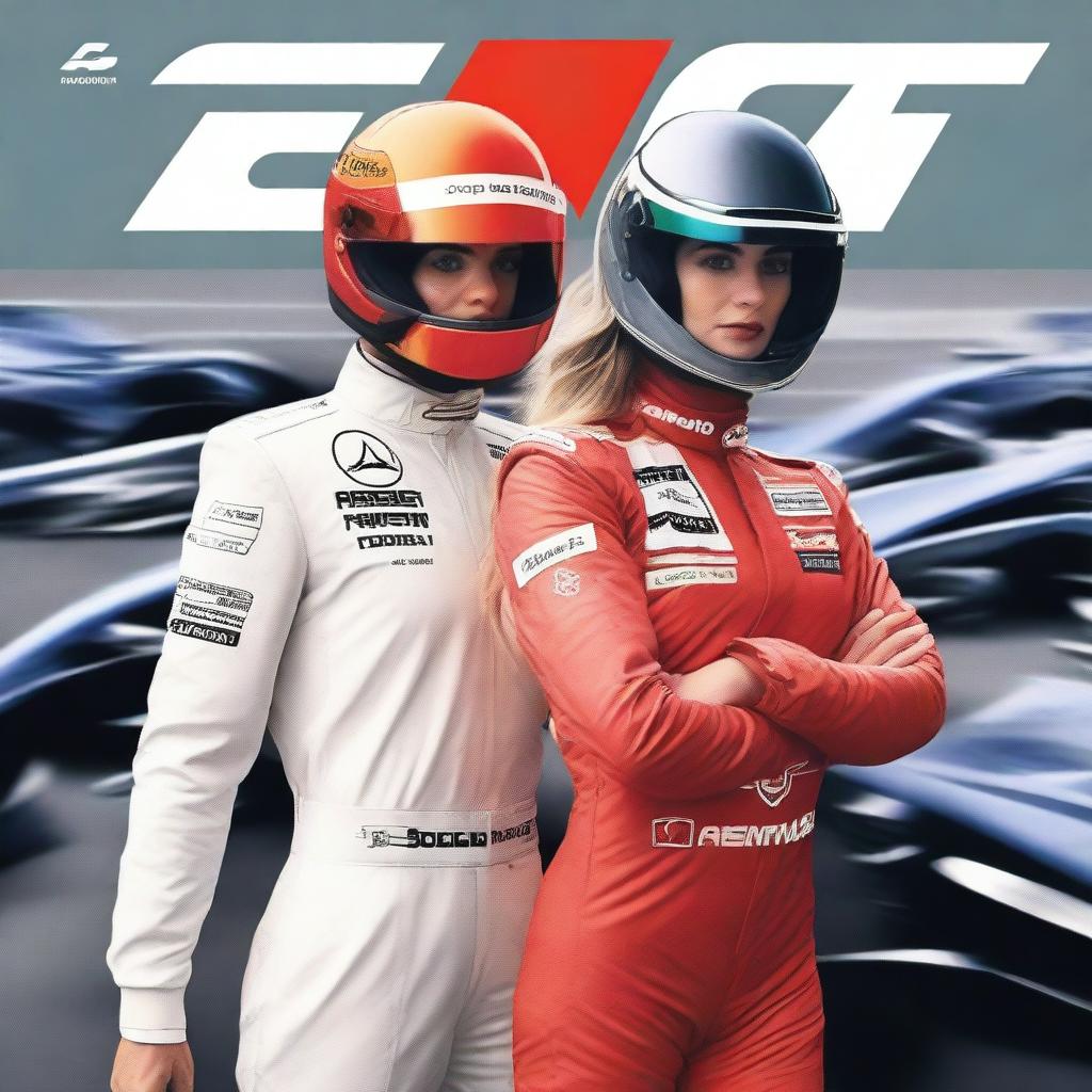 A book cover featuring two women and two men dressed in Formula 1 racing suits and helmets