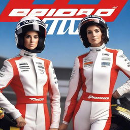 A book cover featuring two women and two men dressed in Formula 1 racing suits and helmets