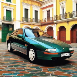 A sleek, sports sedan car from the year 1995 representing Portugal, its design drawing inspiration from Portugal’s culture, history, landscapes, and architectural patterns, cruising down the picturesque streets of a Portuguese city