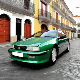 A sleek, sports sedan car from the year 1995 representing Portugal, its design drawing inspiration from Portugal’s culture, history, landscapes, and architectural patterns, cruising down the picturesque streets of a Portuguese city