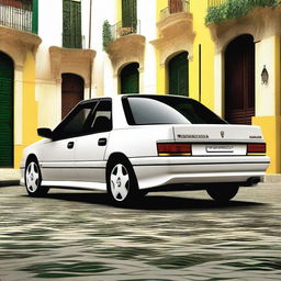 A sleek, sports sedan car from the year 1995 representing Portugal, its design drawing inspiration from Portugal’s culture, history, landscapes, and architectural patterns, cruising down the picturesque streets of a Portuguese city