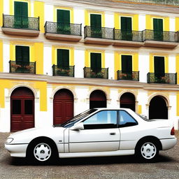 A sleek, sports sedan car from the year 1995 representing Portugal, its design drawing inspiration from Portugal’s culture, history, landscapes, and architectural patterns, cruising down the picturesque streets of a Portuguese city