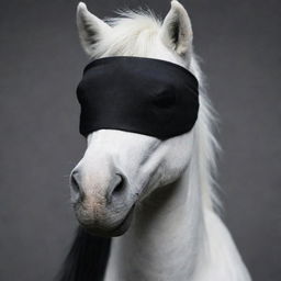 Editing previous image: the white pony is now wearing a traditional black ninja headband as a blindfold, obscuring its vision, portrayed in a realistic cartoon style.