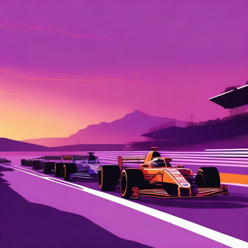 A Formula 1 circuit at sunset, with the lights of the cars shining as they race