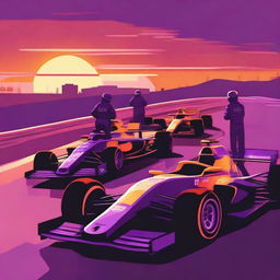 A Formula 1 circuit at sunset, with the lights of the cars shining as they race