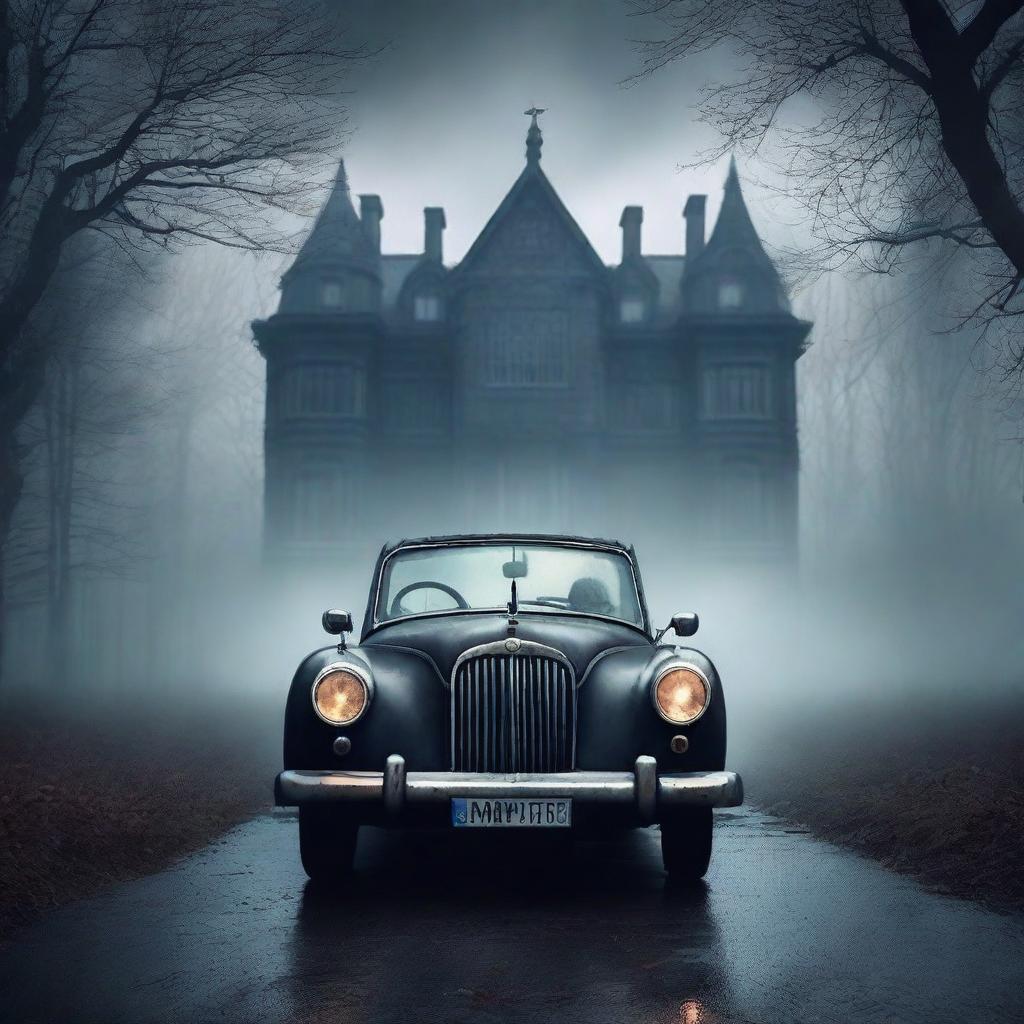 Create a gothic horror book cover featuring a scared Indian driving a car on a gloomy forest path