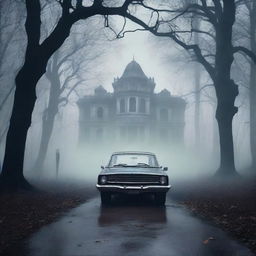 Create a gothic horror book cover featuring a scared Indian driving a car on a gloomy forest path